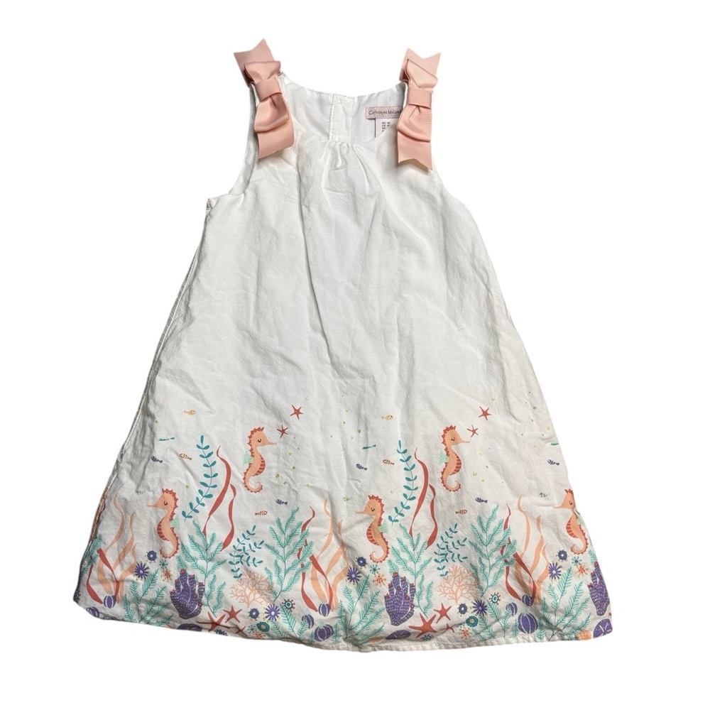 🌸 Catherine Malandrino Girls Dress 4T White Pink Bow Sleeveless Seahorse 🌸